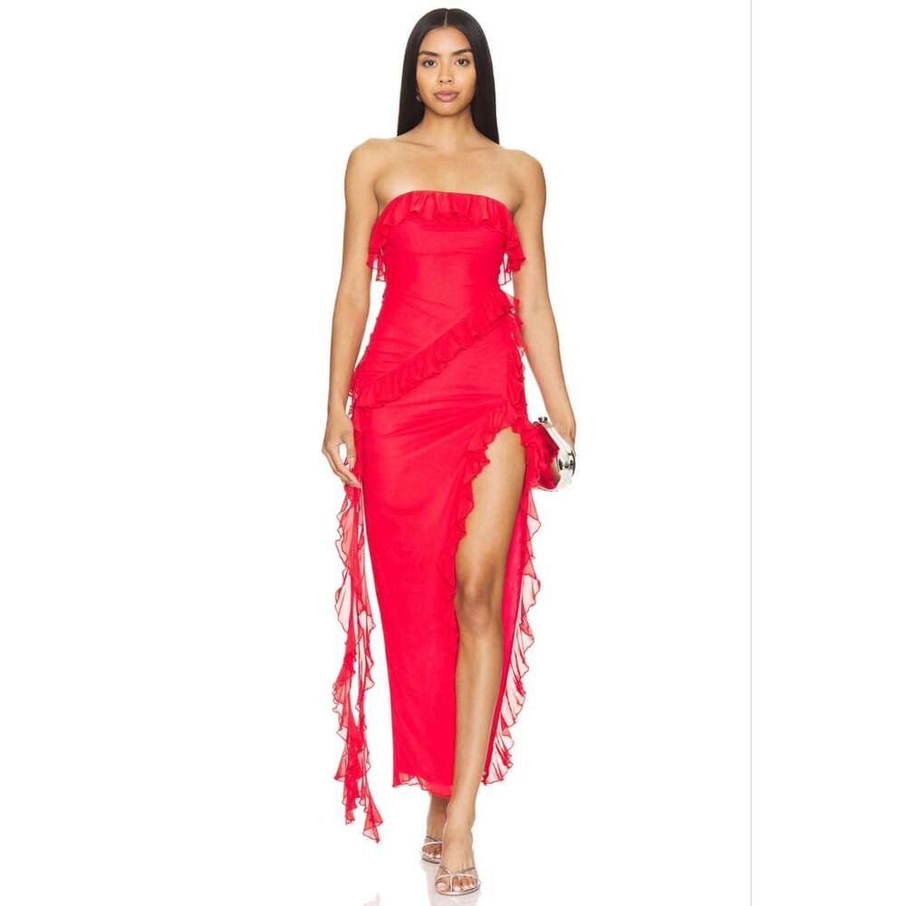 MORE TO COME Frankie Maxi Dress Red Ruffle Strapless Slit Size Small EUC